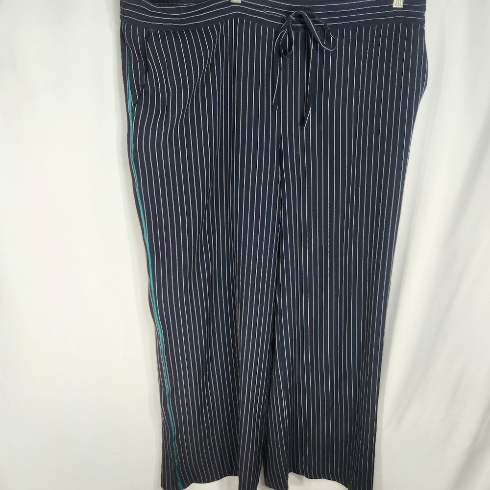 attention Navy & White Pin Striped Draw String Waist Pants Plus Size XXLarge